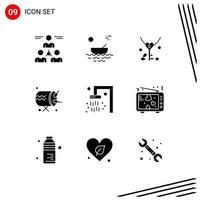 Universal Icon Symbols Group of 9 Modern Solid Glyphs of announcement baraban river drum heart Editable Vector Design Elements