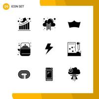 9 Universal Solid Glyphs Set for Web and Mobile Applications power tea crown pot camping Editable Vector Design Elements