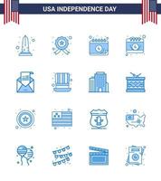 Set of 16 Vector Blues on 4th July USA Independence Day such as mail greeting police envelope day Editable USA Day Vector Design Elements