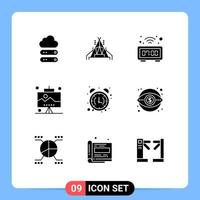 Pack of 9 creative Solid Glyphs of clock alarm digital work office Editable Vector Design Elements