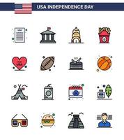 USA Independence Day Flat Filled Line Set of 16 USA Pictograms of usa love building heart food Editable USA Day Vector Design Elements