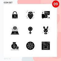 Mobile Interface Solid Glyph Set of 9 Pictograms of symbol presentation chat imagination world Editable Vector Design Elements