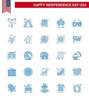 Set of 25 Vector Blues on 4th July USA Independence Day such as imerican sunglasses entertainment holiday celebration Editable USA Day Vector Design Elements