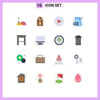 Pack of 16 Modern Flat Colors Signs and Symbols for Web Print Media such as imac monitor document computer furniture Editable Pack of Creative Vector Design Elements