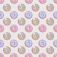 Vector seamless pattern with delicious donuts and different icing. Suitable for wrapping paper, greeting cards, banners, shipping boxes.