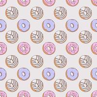 Vector seamless pattern with delicious donuts and different icing. Suitable for wrapping paper, greeting cards, banners, shipping boxes.