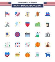 Set of 25 Modern Flats pack on USA Independence Day tent free cap invitation hat popsicle Editable USA Day Vector Design Elements