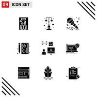 Pack of 9 Modern Solid Glyphs Signs and Symbols for Web Print Media such as page chart street browser music Editable Vector Design Elements