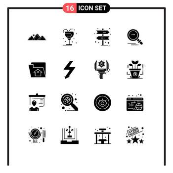 Set of 16 Vector Solid Glyphs on Grid for file motivation ice find direction Editable Vector Design Elements