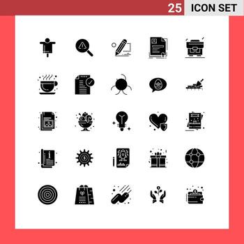 paquete de 25 signos y símbolos de glifos sólidos modernos para medios de impresión web, como la insignia de lápiz de certificado comercial, dibujar elementos de diseño vectorial editables vector
