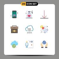 Pack of 9 Modern Flat Colors Signs and Symbols for Web Print Media such as development coding down cloud economy Editable Vector Design Elements