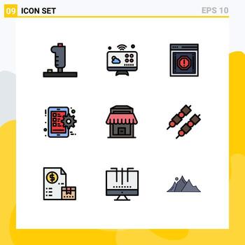 conjunto moderno de 9 colores planos de línea de relleno pictografía de configuración de construcción alerta telefónica advertencia elementos de diseño vectorial editables vector