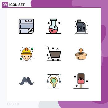Pictogram Set of 9 Simple Filledline Flat Colors of e commerce cart cleaner worker labour Editable Vector Design Elements