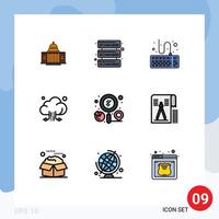 Mobile Interface Filledline Flat Color Set of 9 Pictograms of technology connection servers cloud type Editable Vector Design Elements