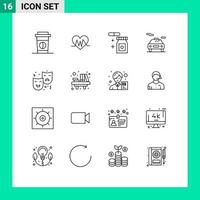 Editable Vector Line Pack of 16 Simple Outlines of drama expression rainy face transport Editable Vector Design Elements