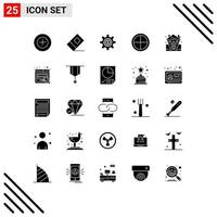 25 User Interface Solid Glyph Pack of modern Signs and Symbols of celebration target gear soldier badge Editable Vector Design Elements