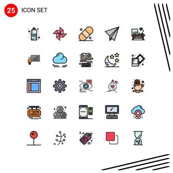 Pack of 25 creative Filled line Flat Colors of graph office table patch lamp plane Editable Vector Design Elements
