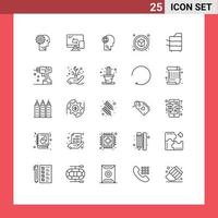 User Interface Pack of 25 Basic Lines of cube think mobile mind globe Editable Vector Design Elements