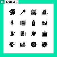 Mobile Interface Solid Glyph Set of 16 Pictograms of sound mic local office apartment Editable Vector Design Elements