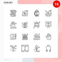 Mobile Interface Outline Set of 16 Pictograms of corporate wall cyber trowel brick Editable Vector Design Elements