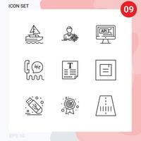 Pack of 9 Modern Outlines Signs and Symbols for Web Print Media such as file contact computer communication call Editable Vector Design Elements