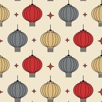 Chinese paper lanterns. Mid century modern seamless pattern in red and grey colors on a beige background. 60s and 70s aesthetic style for home decor, textile, wallpaper and wrapping paper vector
