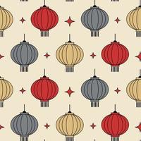 Chinese paper lanterns. Mid century modern seamless pattern in red and grey colors on a beige background. 60s and 70s aesthetic style for home decor, textile, wallpaper and wrapping paper vector