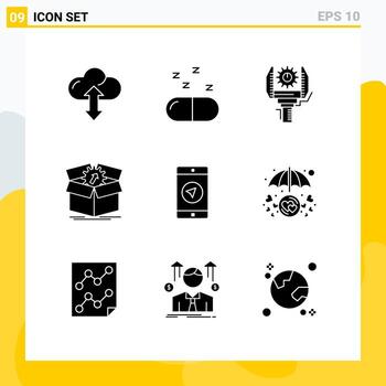 Group of 9 Solid Glyphs Signs and Symbols for application progress industry productivity upload Editable Vector Design Elements