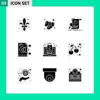 Mobile Interface Solid Glyph Set of 9 Pictograms of work share food file financial Editable Vector Design Elements