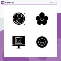 Group of 4 Solid Glyphs Signs and Symbols for yin yang lover flower present ball Editable Vector Design Elements