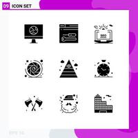 Group of 9 Solid Glyphs Signs and Symbols for lens aperture camera lens web camera configuration Editable Vector Design Elements