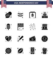 Set of 16 Modern Solid Glyphs pack on USA Independence Day ice cream cream bell police sign police Editable USA Day Vector Design Elements