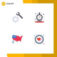 Pack of 4 creative Flat Icons of setting map alarm retro usa Editable Vector Design Elements