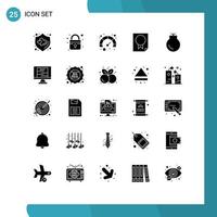 Set of 25 Commercial Solid Glyphs pack for weapons medal speed gun paper Editable Vector Design Elements