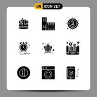 Modern Set of 9 Solid Glyphs Pictograph of cash king target crown notification Editable Vector Design Elements