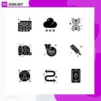 Pack of 9 Modern Solid Glyphs Signs and Symbols for Web Print Media such as sale discount money clothes hobbies Editable Vector Design Elements