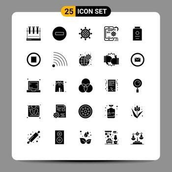 grupo de 25 signos y símbolos de glifos sólidos para la configuración optimizar eliminar elementos de diseño vectorial editables de la rueda móvil vector
