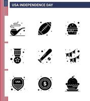 Happy Independence Day 4th July Set of 9 Solid Glyphs American Pictograph of bat ball fast military badge Editable USA Day Vector Design Elements