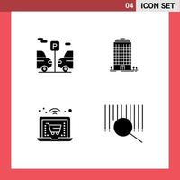 Mobile Interface Solid Glyph Set of 4 Pictograms of car laptop building space product Editable Vector Design Elements