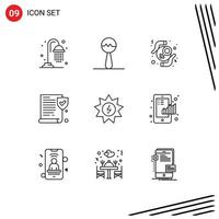 Set of 9 Vector Outlines on Grid for power solar protection energy paper Editable Vector Design Elements