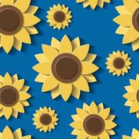 Floral seamless pattern. 3d Sunflowers on blue background. Yellow flowers in paper cut style. Vector illustration.
