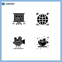 Set of 4 Vector Solid Glyphs on Grid for analytics film camera chart music video Editable Vector Design Elements