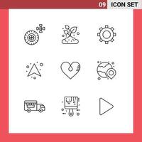 Mobile Interface Outline Set of 9 Pictograms of favorite love gear heart up Editable Vector Design Elements