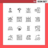 Modern Set of 16 Outlines Pictograph of credit card e search water ocean Editable Vector Design Elements