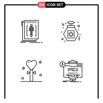 4 colores planos universales de línea de llenado establecidos para aplicaciones web y móviles código de eventos idioma vacaciones nocturnas elementos de diseño vectorial editables vector