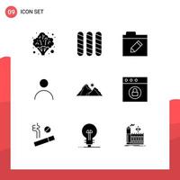 Editable Vector Line Pack of 9 Simple Solid Glyphs of mountain landscape folder hill profile Editable Vector Design Elements