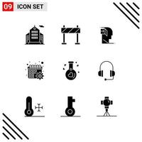 9 Thematic Vector Solid Glyphs and Editable Symbols of heart flask inner settings gear Editable Vector Design Elements