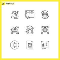 9 User Interface Outline Pack of modern Signs and Symbols of business strategy labour badge world helmet hard Editable Vector Design Elements