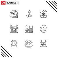 9 Thematic Vector Outlines and Editable Symbols of brick store torch shop market Editable Vector Design Elements