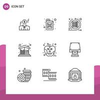 Pictogram Set of 9 Simple Outlines of apple home iteration construction brick wall Editable Vector Design Elements